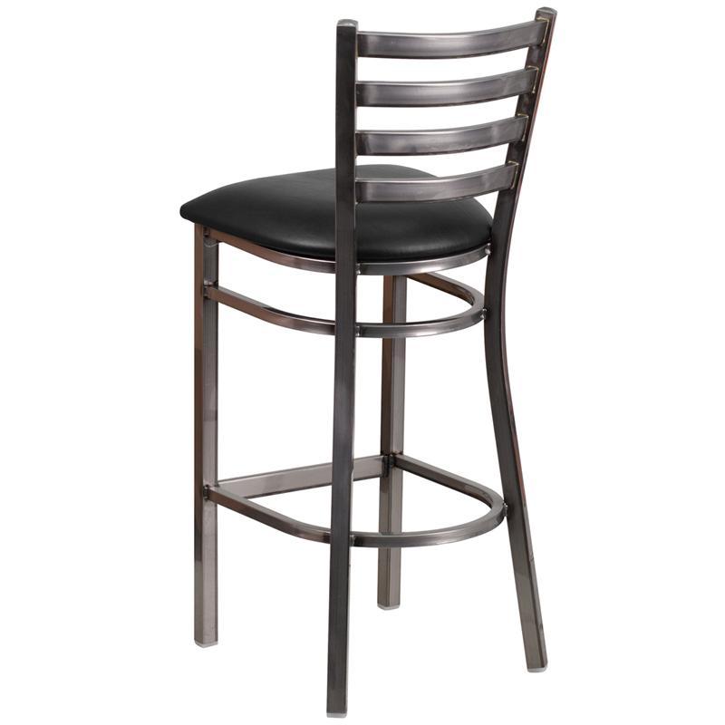 Heavy Duty Clear Coat Ladder Back Metal Restaurant Barstool with Black Vinyl Seat