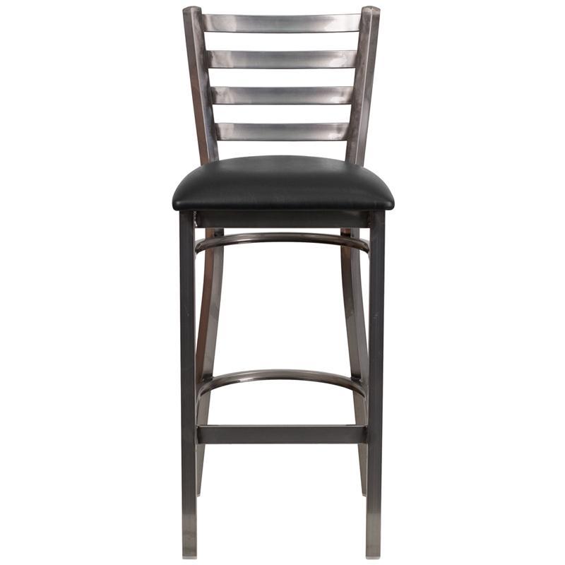 Heavy Duty Clear Coat Ladder Back Metal Restaurant Barstool with Black Vinyl Seat
