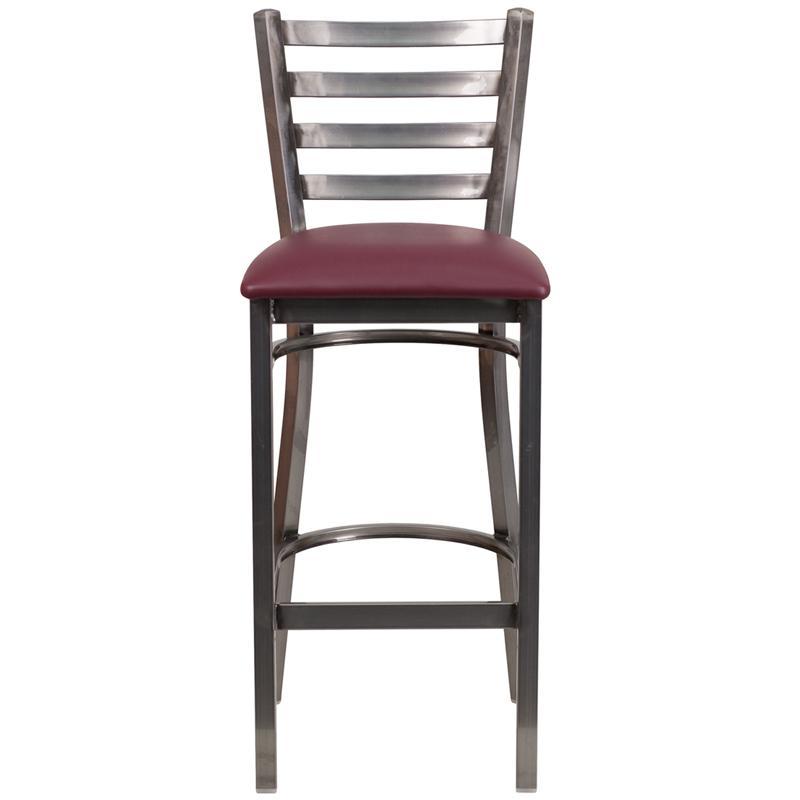 Heavy Duty Clear Coated Ladder Back Metal Restaurant Barstool - Burgundy Vinyl Seat - Front