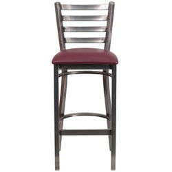 Heavy Duty Clear Coated Ladder Back Metal Restaurant Barstool - Burgundy Vinyl Seat - Front
