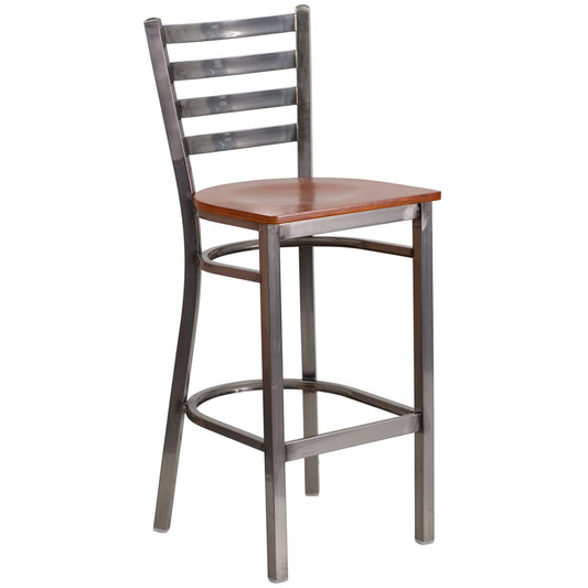 HERCULES Series Clear Coated Ladder Back Metal Restaurant Barstool - Cherry Wood Seat