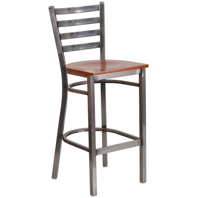 Heavy Duty Clear Coated Ladder Back Metal Restaurant Barstool - Cherry Wood Seat