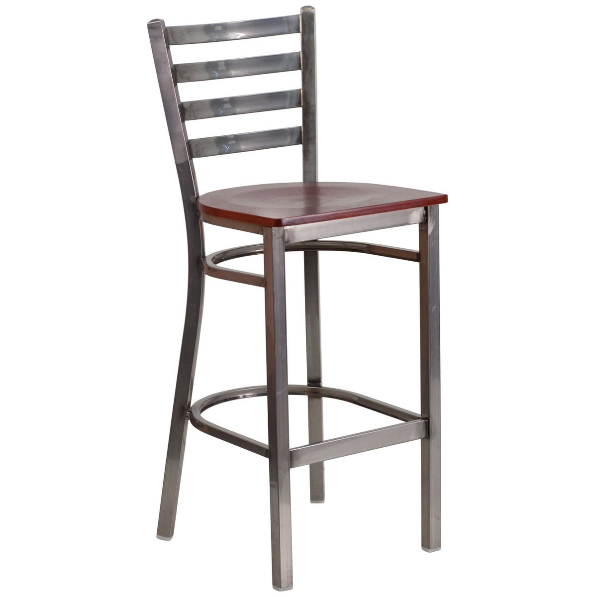 HERCULES Series Clear Coated Ladder Back Metal Restaurant Barstool - Mahogany Wood Seat