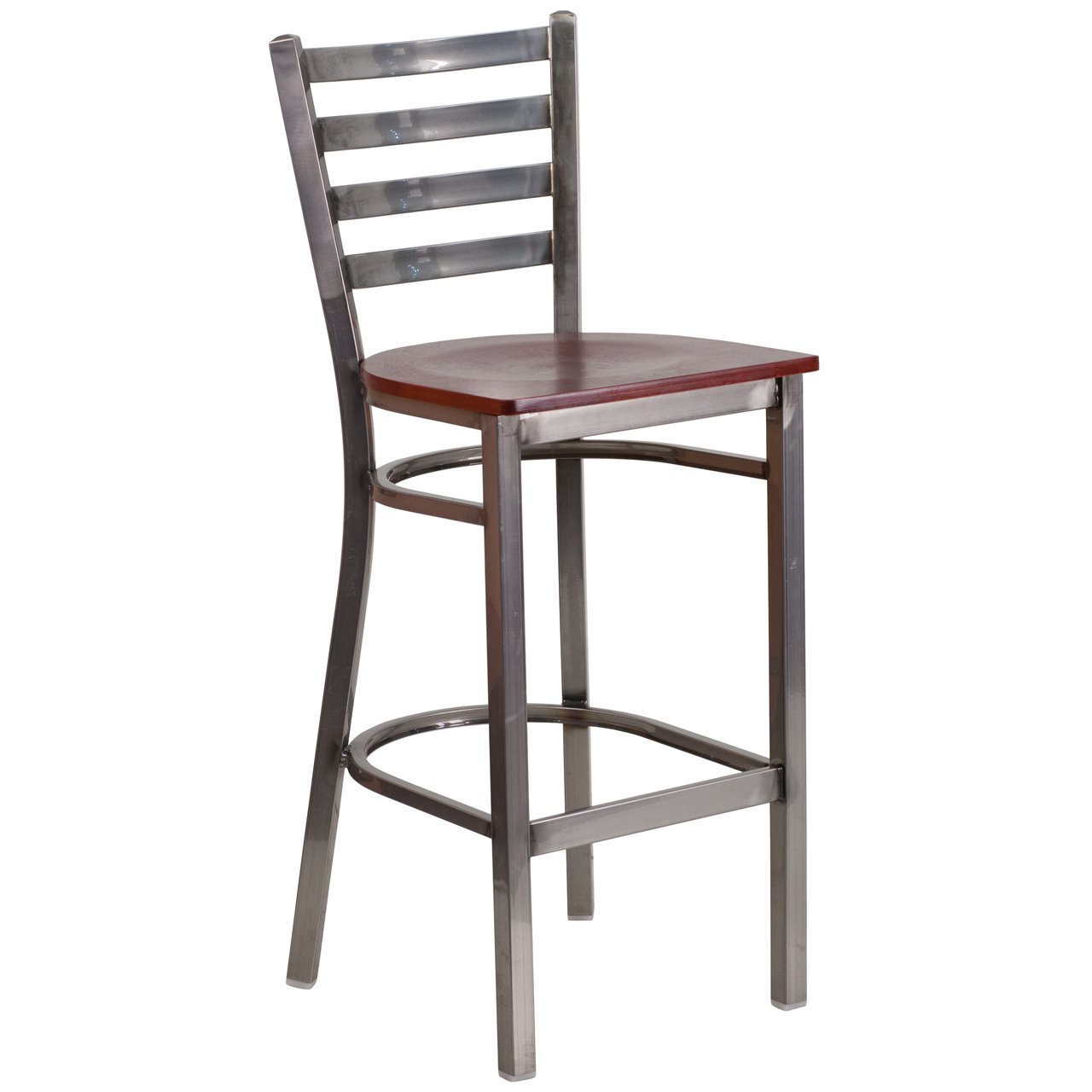 HERCULES Series Clear Coated Ladder Back Metal Restaurant Barstool - Mahogany Wood Seat