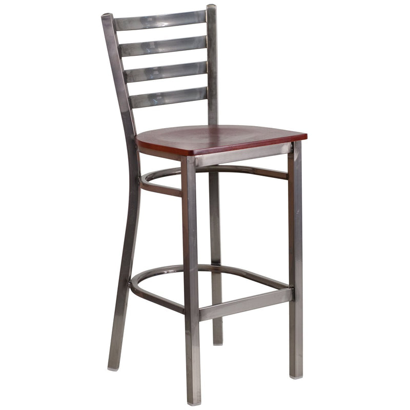 HERCULES Series Clear Coated Ladder Back Metal Restaurant Barstool - Mahogany Wood Seat