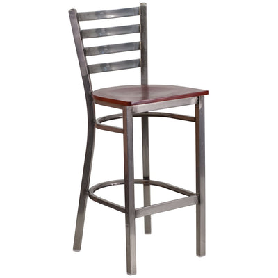 Heavy Duty Clear Coated Ladder Back Metal Restaurant Barstool - Mahogany Wood Seat