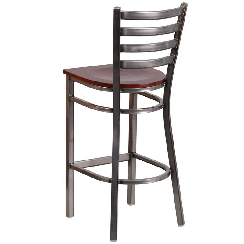 Clear Coated Ladder Back Metal Restaurant Barstool - Mahogany Wood Seat - Back