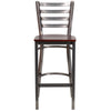 Clear Coated Ladder Back Metal Restaurant Barstool - Mahogany Wood Seat - Front