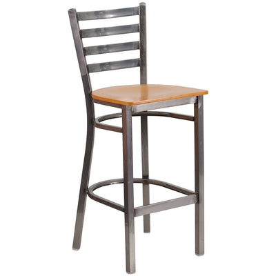 Heavy Duty Clear Coated Ladder Back Metal Restaurant Barstool - Natural Wood Seat
