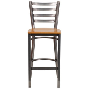 HERCULES Series Clear Coated Ladder Back Metal Restaurant Barstool - Natural Wood Seat