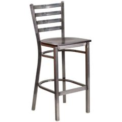 Heavy Duty Clear Coated Ladder Back Metal Restaurant Barstool - Walnut Wood Seat