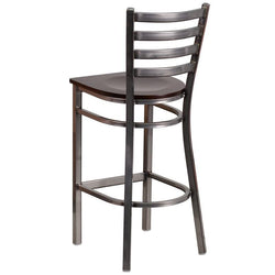 Clear Coated Ladder Back Metal Restaurant Barstool - Walnut Wood Seat - Back