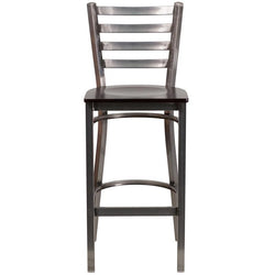Clear Coated Ladder Back Metal Restaurant Barstool - Walnut Wood Seat - Front