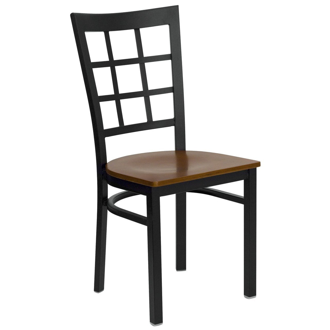 HERCULES Series Black Window Back Metal Restaurant Chair - Cherry Wood Seat