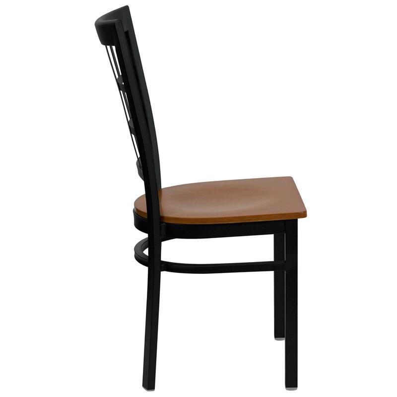 HERCULES Series Black Window Back Metal Restaurant Chair - Cherry Wood Seat - Side