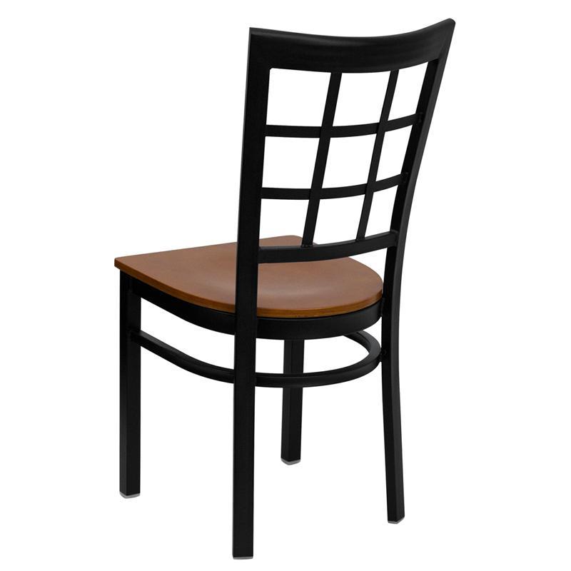 HERCULES Series Black Window Back Metal Restaurant Chair - Cherry Wood Seat - Back