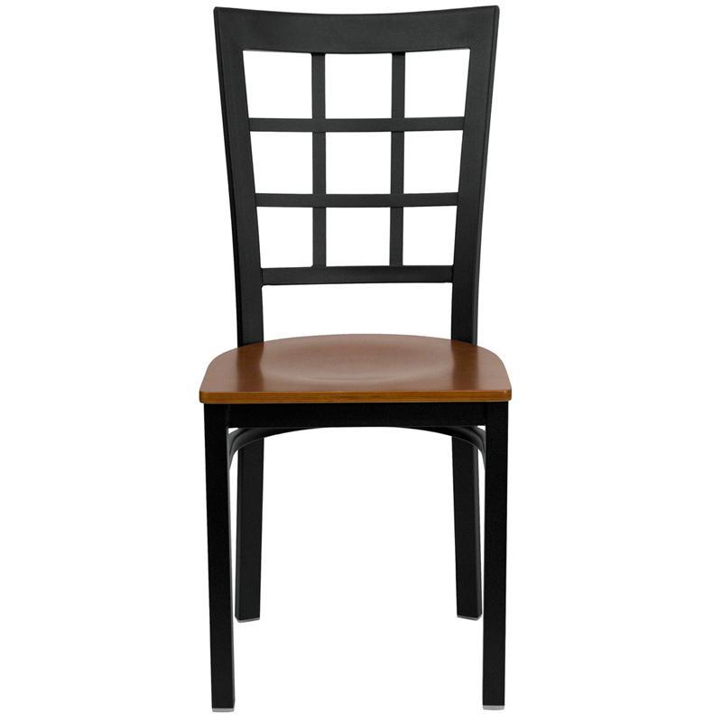 HERCULES Series Black Window Back Metal Restaurant Chair - Cherry Wood Seat  - Front