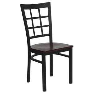 HERCULES Series Black Window Back Metal Restaurant Chair - Mahogany Wood Seat
