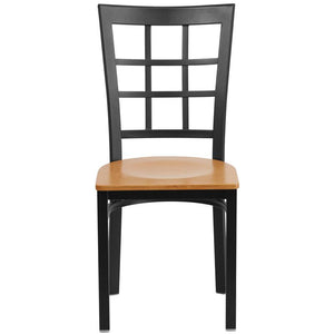 HERCULES Series Black Window Back Metal Restaurant Chair - Natural Wood Seat