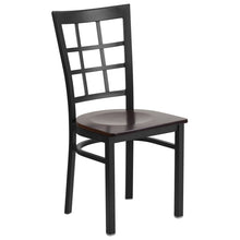 Load image into Gallery viewer, HERCULES Series Black Window Back Metal Restaurant Chair - Walnut Wood Seat