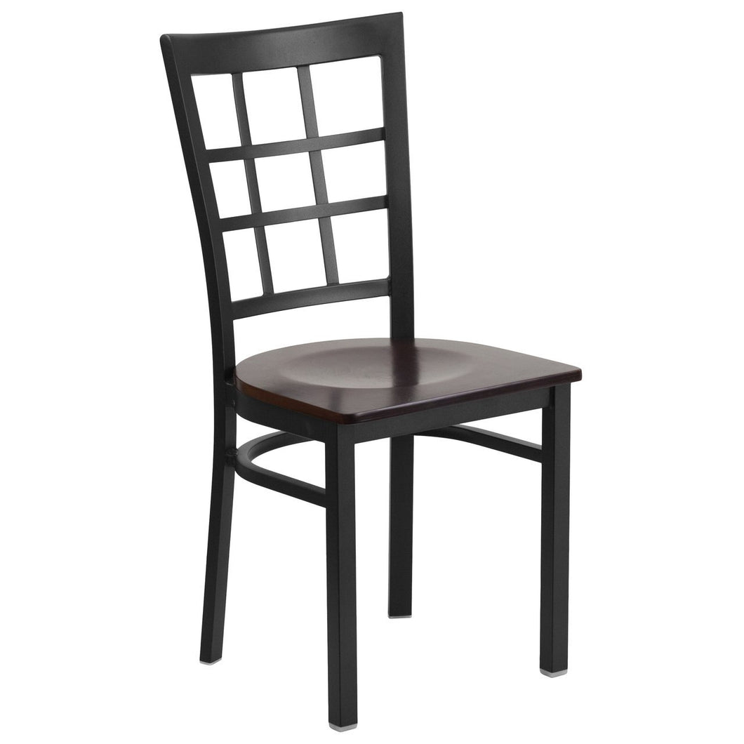 HERCULES Series Black Window Back Metal Restaurant Chair - Walnut Wood Seat