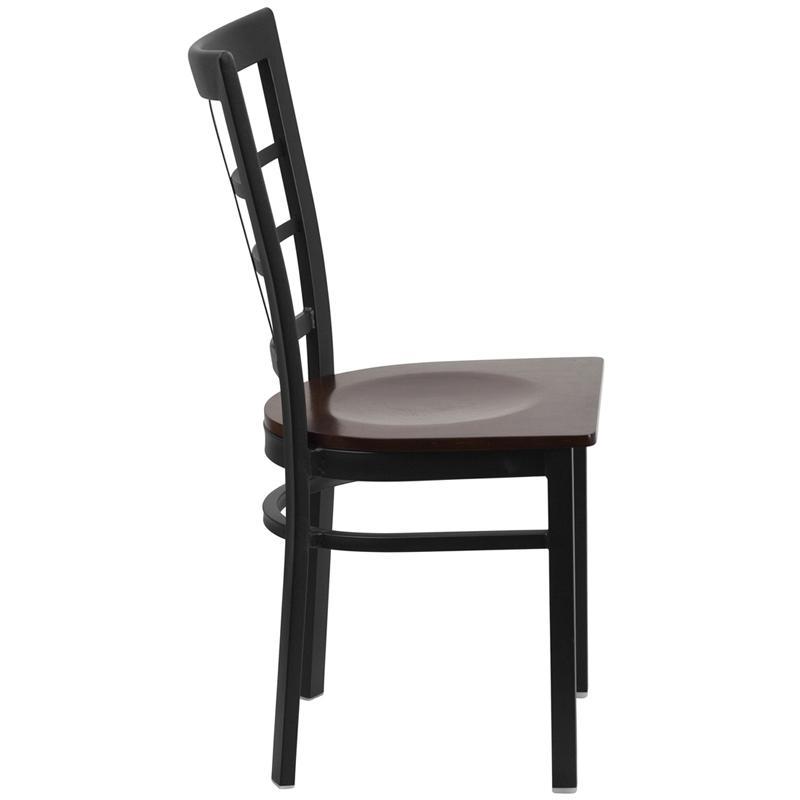HERCULES Series Black Window Back Metal Restaurant Chair - Walnut Wood Seat - Side