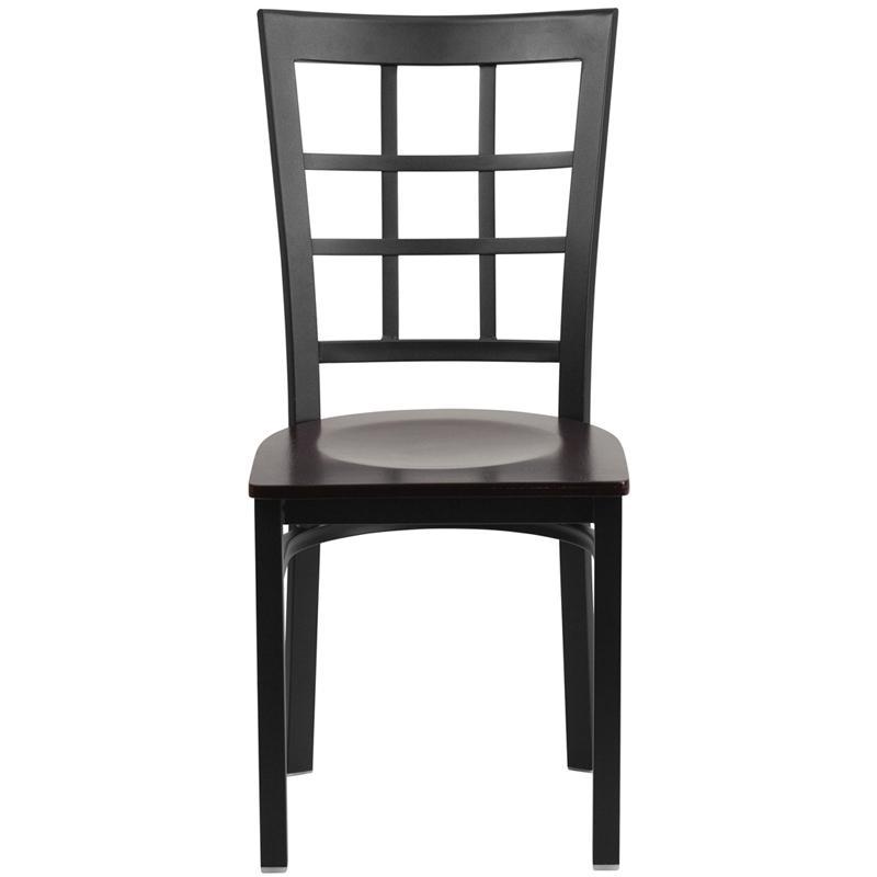 HERCULES Series Black Window Back Metal Restaurant Chair - Walnut Wood Seat - Front