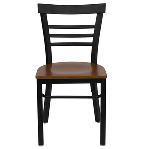 HERCULES Series Black Three-Slat Ladder Back Metal Restaurant Chair - Cherry Wood Seat - Front