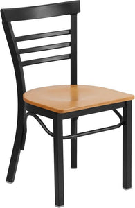 HERCULES Series Black Three-Slat Ladder Back Metal Restaurant Chair - Natural Wood Seat