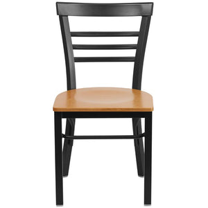 HERCULES Series Black Three-Slat Ladder Back Metal Restaurant Chair - Natural Wood Seat - Front