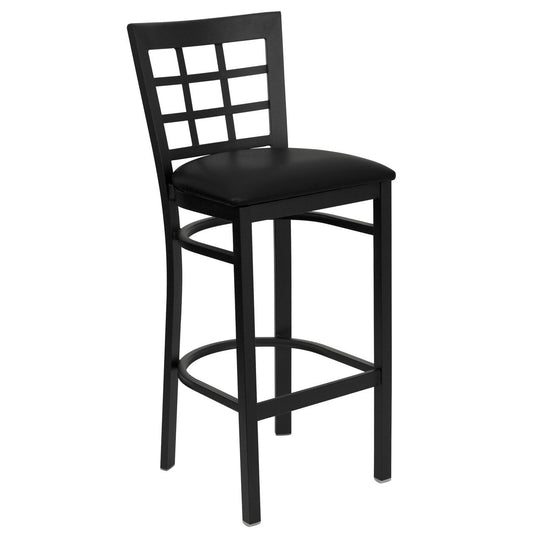HERCULES Series Black Window Back Metal Restaurant Barstool - Black Vinyl Seat