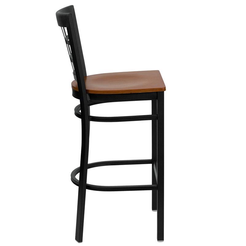 HERCULES Series Black Window Back Metal Restaurant Barstool - Cherry Wood Seat - Side
