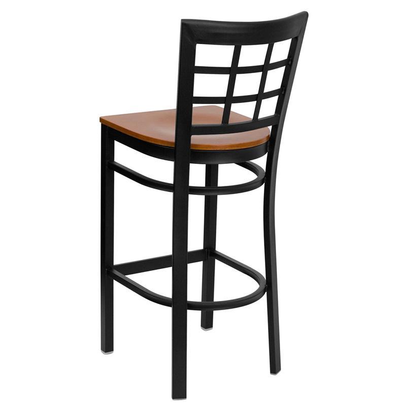 HERCULES Series Black Window Back Metal Restaurant Barstool - Cherry Wood Seat - Back