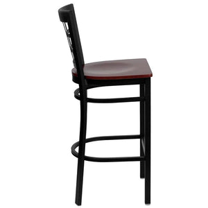 HERCULES Series Black Window Back Metal Restaurant Barstool - Mahogany Wood Seat - Side