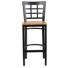 Load image into Gallery viewer, HERCULES Series Black Window Back Metal Restaurant Barstool - Natural Wood Seat - Front