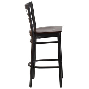 HERCULES Series Black Window Back Metal Restaurant Barstool - Walnut Wood Seat