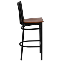 HERCULES Series Black School House Back Metal Restaurant Barstool - Cherry Wood Seat - Side