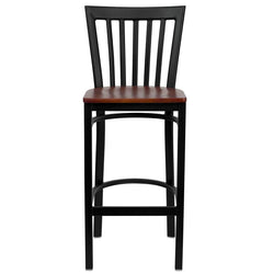HERCULES Series Black School House Back Metal Restaurant Barstool - Cherry Wood Seat - Front