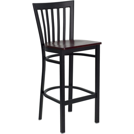 HERCULES Series Black School House Back Metal Restaurant Barstool - Mahogany Wood Seat