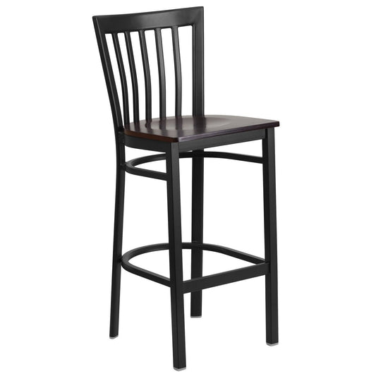 HERCULES Series Black School House Back Metal Restaurant Barstool - Walnut Wood Seat