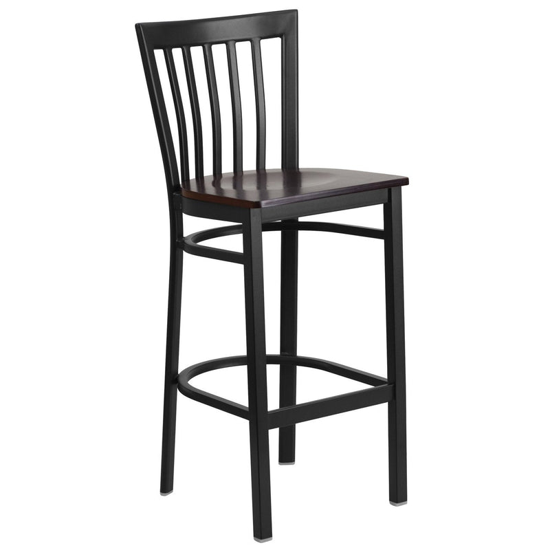 HERCULES Series Black School House Back Metal Restaurant Barstool - Walnut Wood Seat