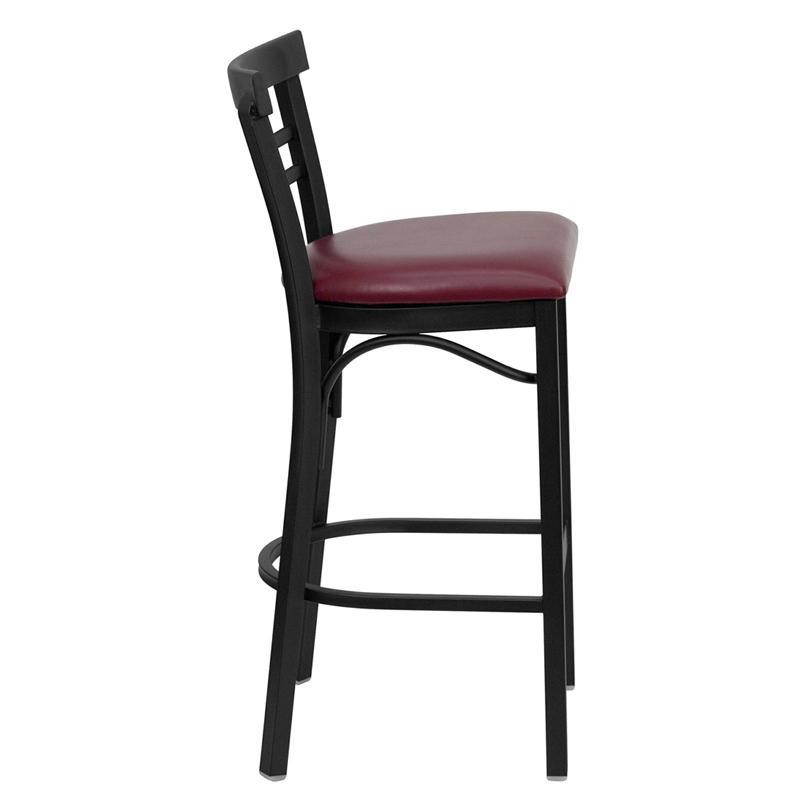 HERCULES Series Black Two-Slat Ladder Back Metal Restaurant Barstool - Burgundy Vinyl Seat - Side