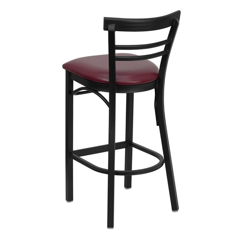 HERCULES Series Black Two-Slat Ladder Back Metal Restaurant Barstool - Burgundy Vinyl Seat - Back