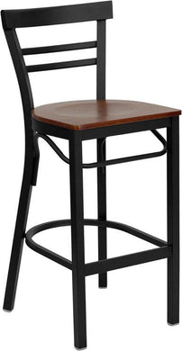 HERCULES Series Black Two-Slat Ladder Back Metal Restaurant Barstool - Cherry Wood Seat