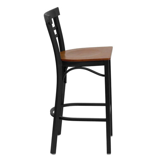 HERCULES Series Black Two-Slat Ladder Back Metal Restaurant Barstool - Cherry Wood Seat - Side