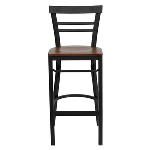 HERCULES Series Black Two-Slat Ladder Back Metal Restaurant Barstool - Cherry Wood Seat