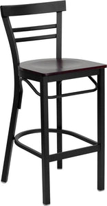 HERCULES Series Black Two-Slat Ladder Back Metal Restaurant Barstool - Mahogany Wood Seat
