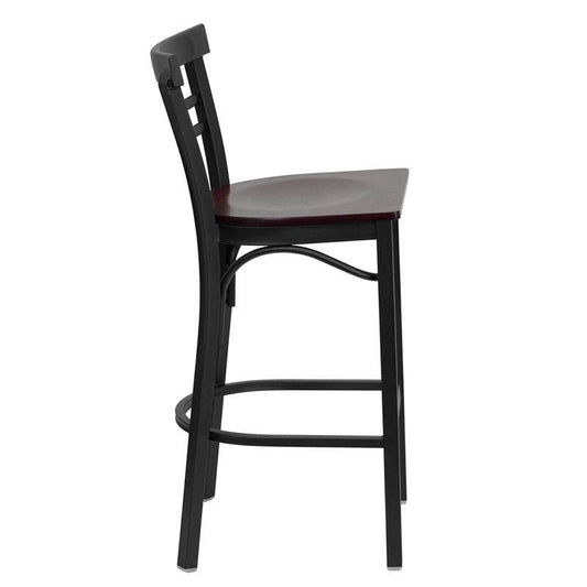 HERCULES Series Black Two-Slat Ladder Back Metal Restaurant Barstool - Mahogany Wood Seat - Side