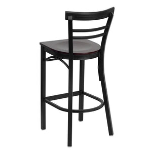HERCULES Series Black Two-Slat Ladder Back Metal Restaurant Barstool - Mahogany Wood Seat