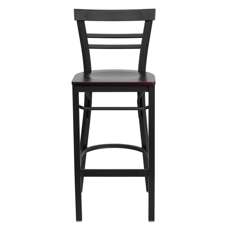HERCULES Series Black Two-Slat Ladder Back Metal Restaurant Barstool - Mahogany Wood Seat - Front